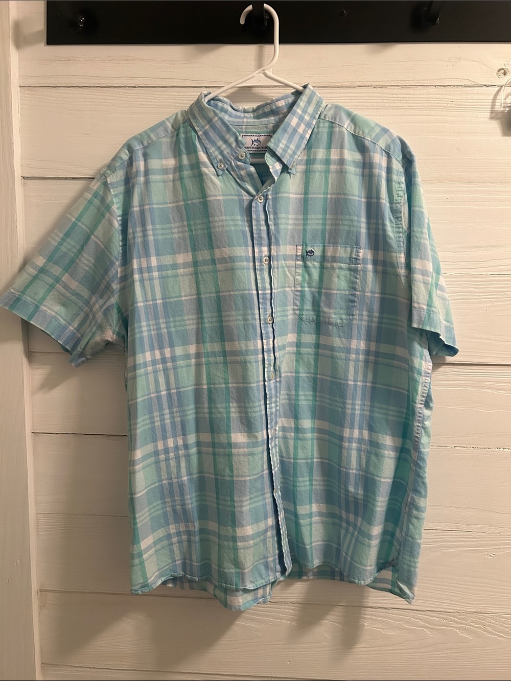 Southern Tide Light Blue & Mint Plaid Short-Sleeve Button-Up Shirt